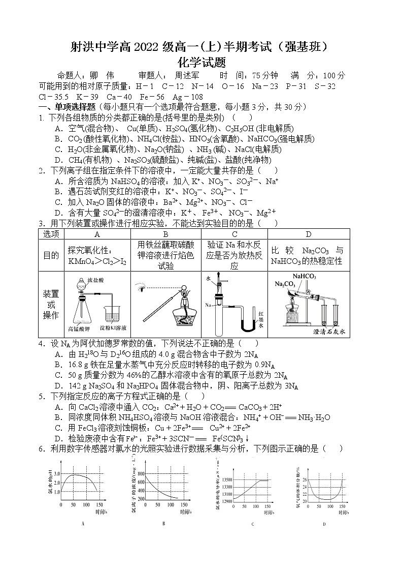 2023四川省射洪中学高一（强基班）上学期期中考试化学含答案01