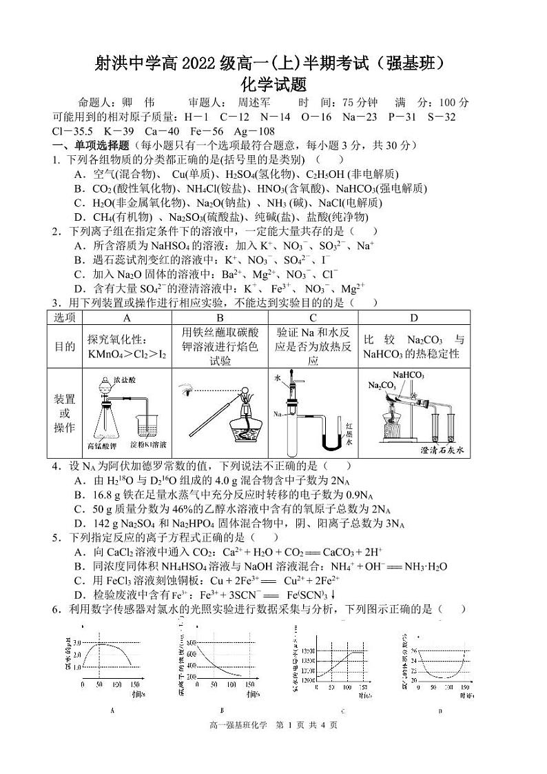 2023四川省射洪中学高一（强基班）上学期期中考试化学含答案01