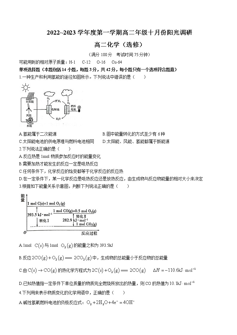 2023江苏省常熟中学高二上学期10月阳光调研试题化学（选修）含答案第1页