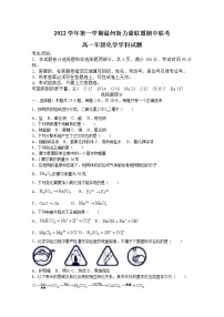 浙江省温州新力量联盟2022-2023学年高一化学上学期期中联考试题（Word版附答案）