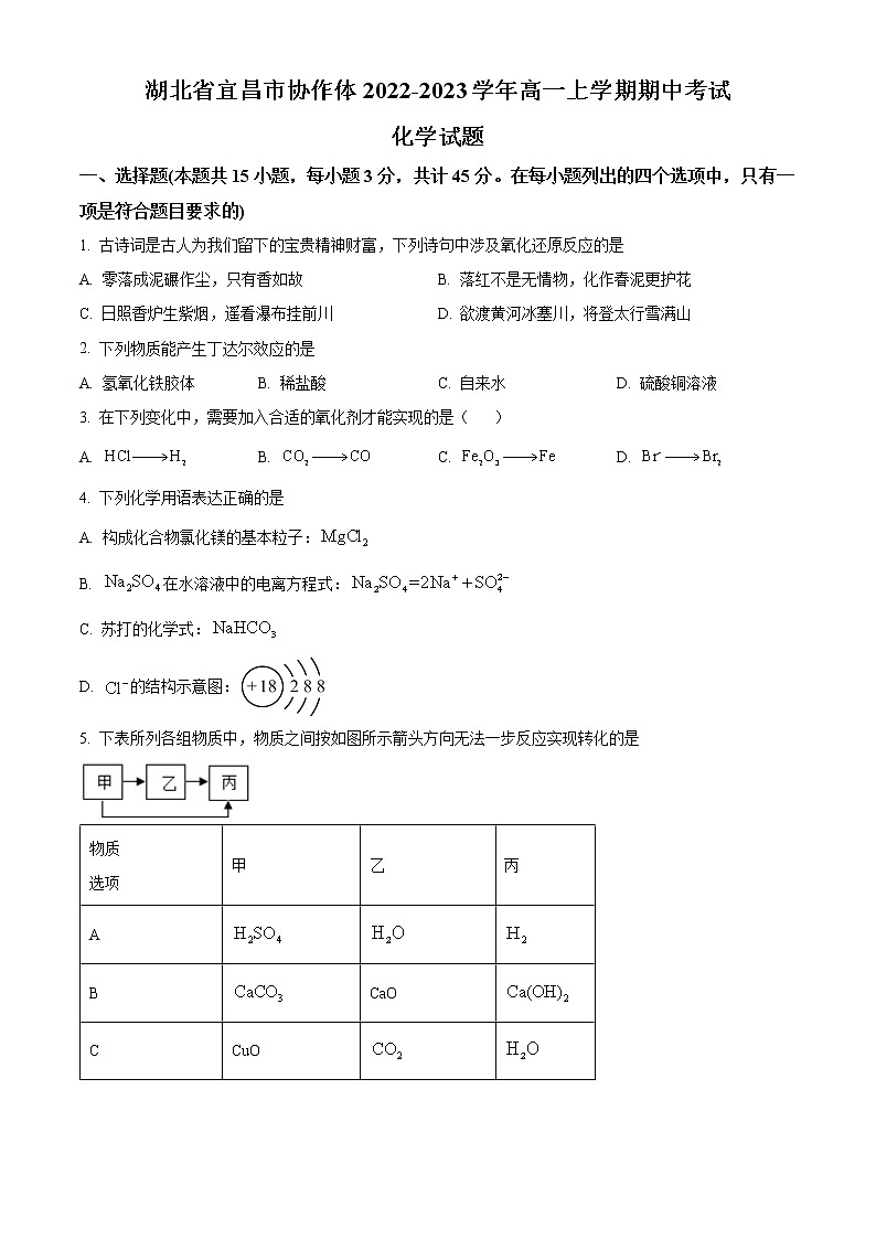 2023宜昌协作体高一上学期期中考试化学试题含解析01