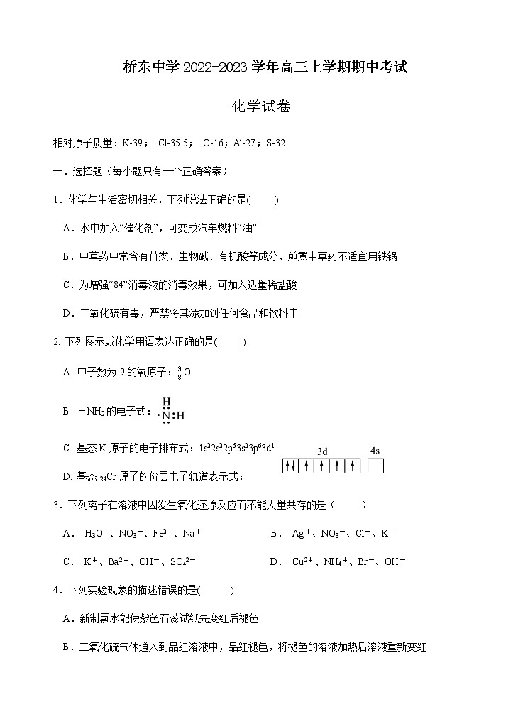 福建省诏安县桥东中学2022-2023学年高三上学期期中考试化学试题（Word版含答案）第1页