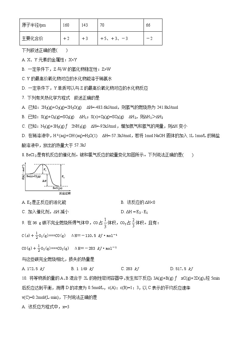2022南充高级中学高二上学期期中考试化学试题含解析02