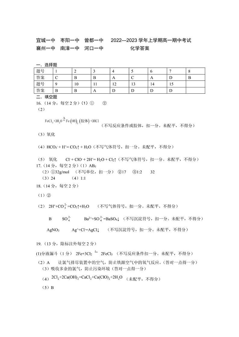 2023湖北省宜城一中、枣阳一中等六校联考高一上学期期中考试化学试题PDF版含答案（可编辑）01