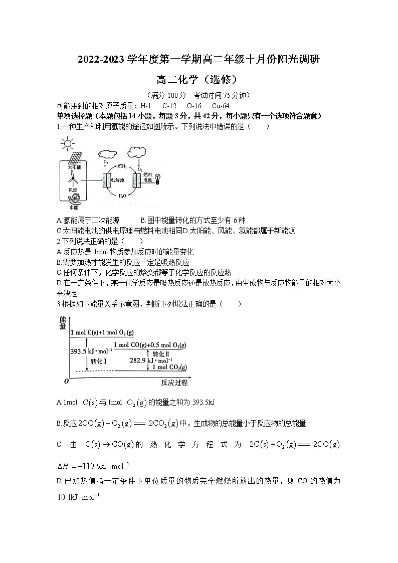 江苏省常熟中学2022-2023高二化学10月阳光调研试题（选修）（Word版附答案）第1页