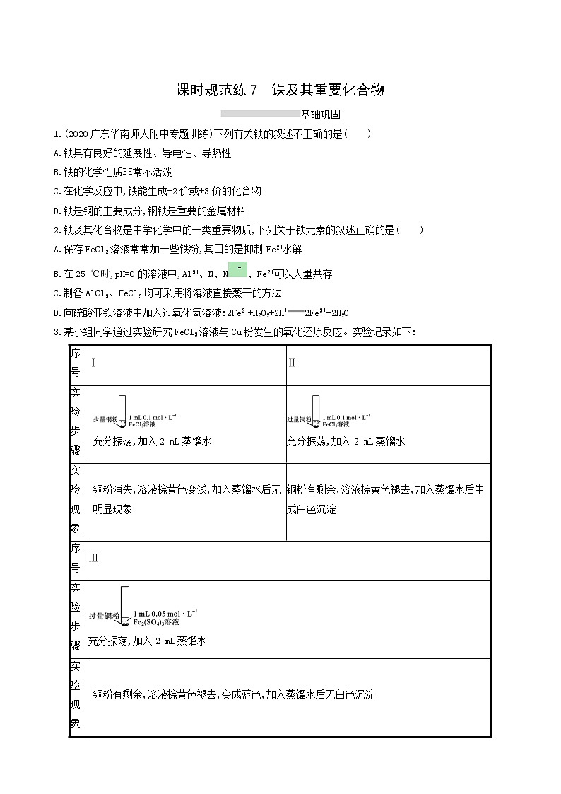 人教版高考化学一轮复习课时练7铁及其重要化合物含答案第1页