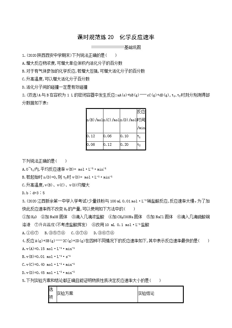 人教版高考化学一轮复习课时练20化学反应速率含答案01