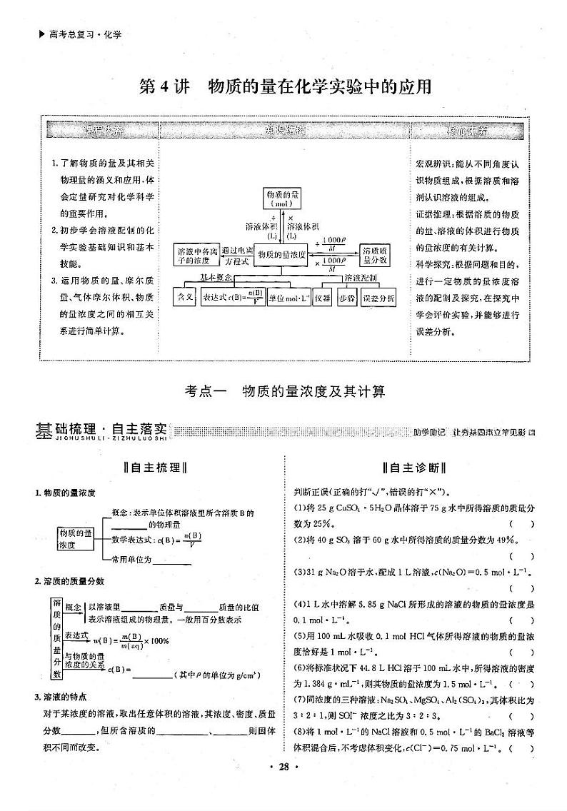 高考化学一轮复习第1章从实验学化学第4讲物质的量在化学实验中的应用考点1物质的量浓度及其计算试题PDF版第1页