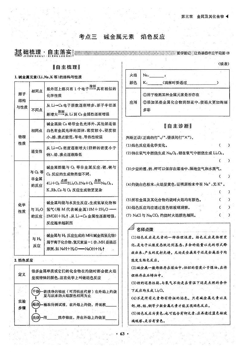 高考化学一轮复习第3章金属及其化合物第8讲钠及其重要化合物考点3碱金属元素焰色反应试题PDF版第1页