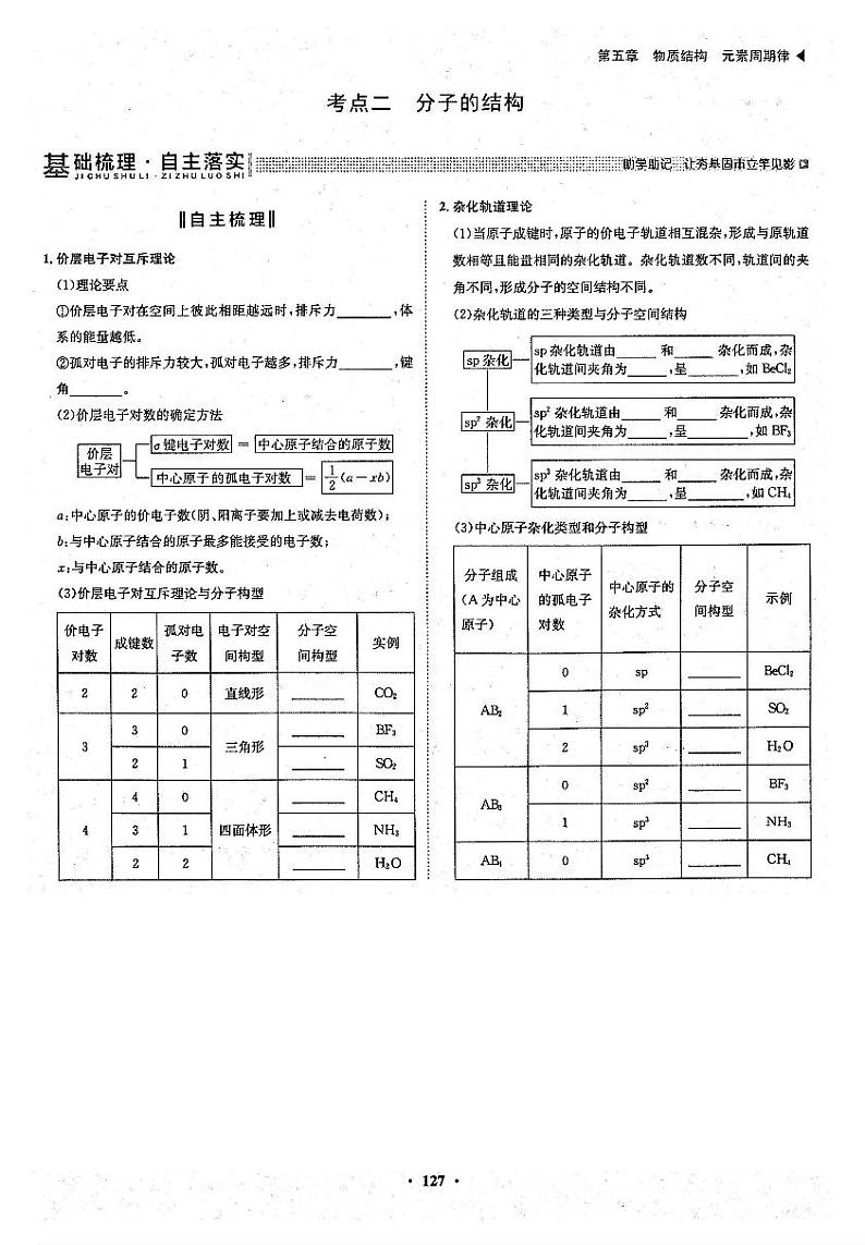 高考化学一轮复习第5章物质结构元素周期律第16讲化学键分子结构与性质考点2分子结构试题PDF版第1页