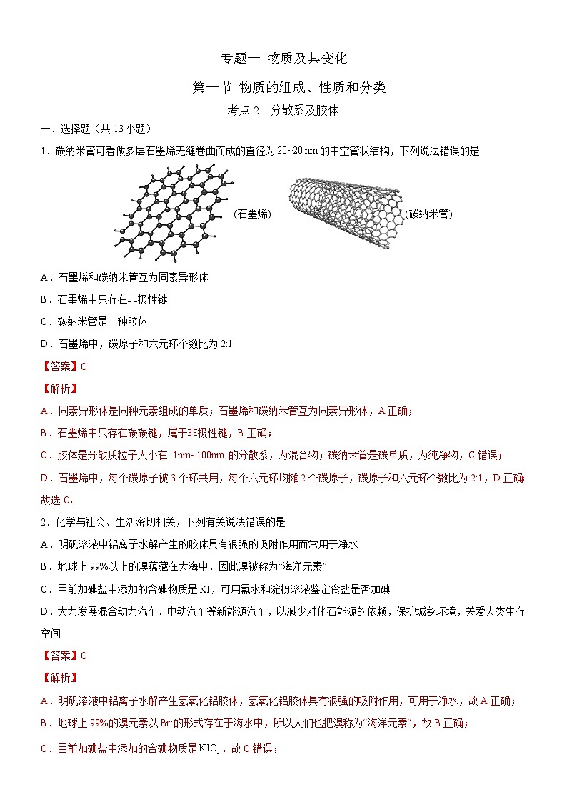【备战2023高考】化学考点全复习——1.1.2《分散系及其分类》 精选题（含解析）（新教材新高考）01