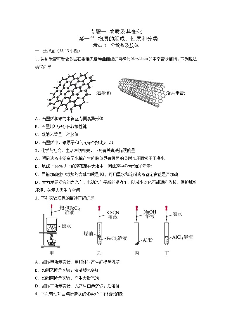【备战2023高考】化学考点全复习——1.1.2《分散系及其分类》 精选题（含解析）（新教材新高考）01