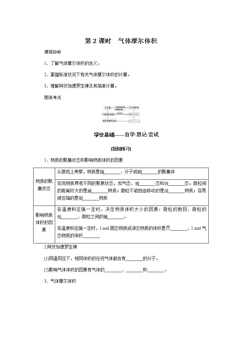 苏教版高中化学必修第一册1.2.2气体摩尔体积导学案第1页