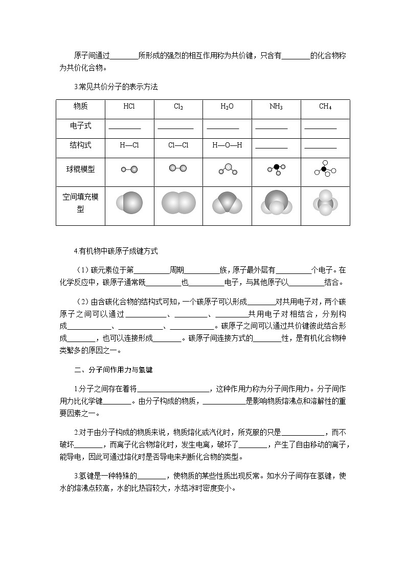 苏教版高中化学必修第一册5.2.2共价键 分子间作用力导学案02