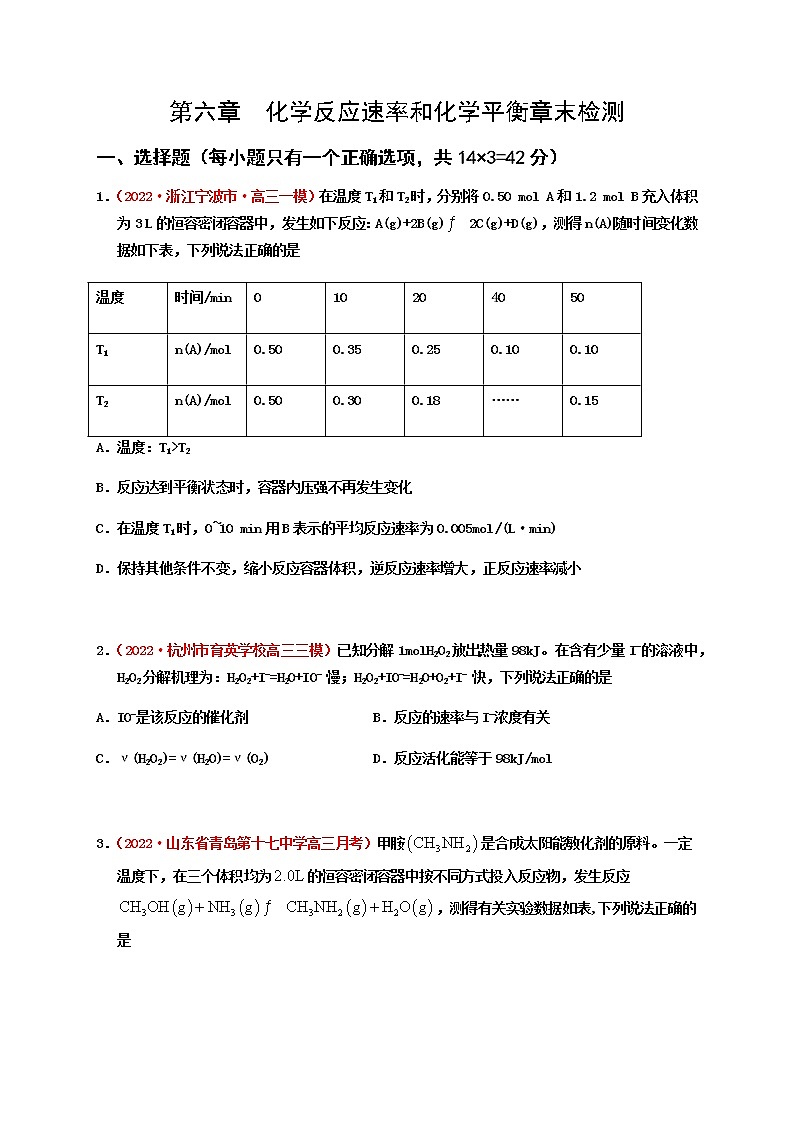 第六章   化学反应速率和化学平衡章末检测（实战演练）-【高考引领教学】高考化学一轮针对性复习方案（全国通用）（原卷版）第1页
