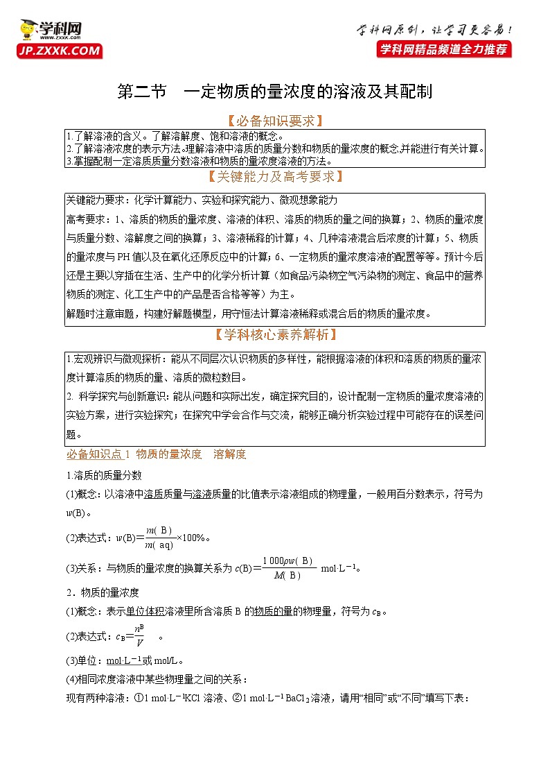 第二节 一定物质的量浓度的溶液及其配制（考点考法剖析）（解析版）-【高考引领教学】高考化学一轮针对性复习方案（全国通用）第1页