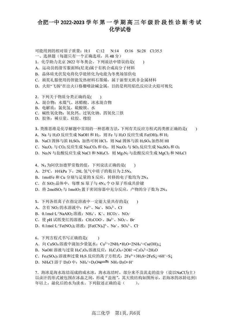 安徽省合肥市第一中学2022-2023学年高三上学期11月月考化学试题第1页
