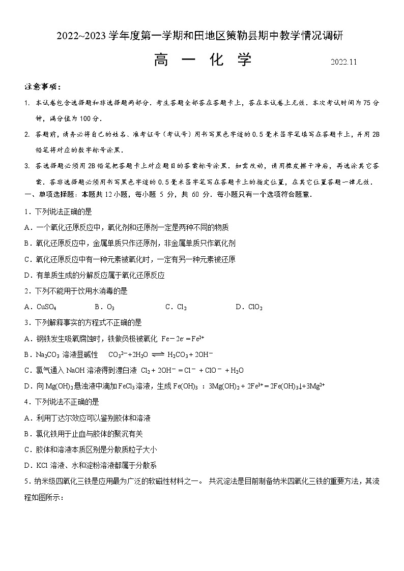 2023维吾尔自治区和田地区策勒县高一上学期11月期中教学情况调研化学试题含答案第1页