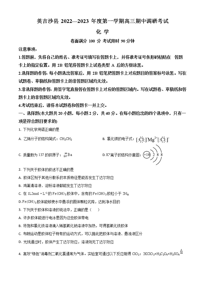 l新疆喀什地区英吉沙县2022-2023学年高三上学期11月期中考试化学试题（解析版）01