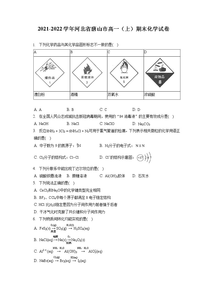 2021-2022学年河北省唐山市高一（上）期末化学试卷（含答案解析）01