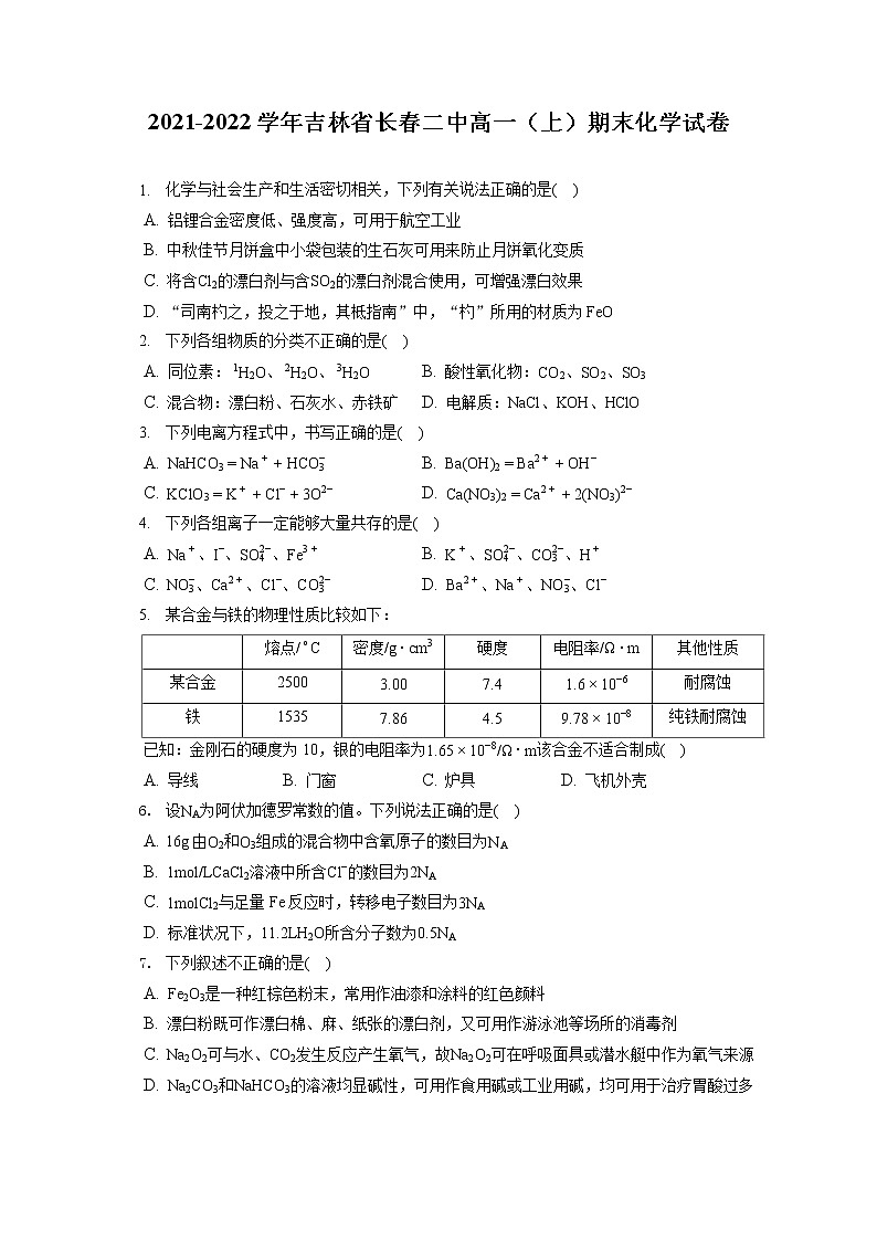 2021-2022学年吉林省长春二中高一（上）期末化学试卷（含答案解析）01