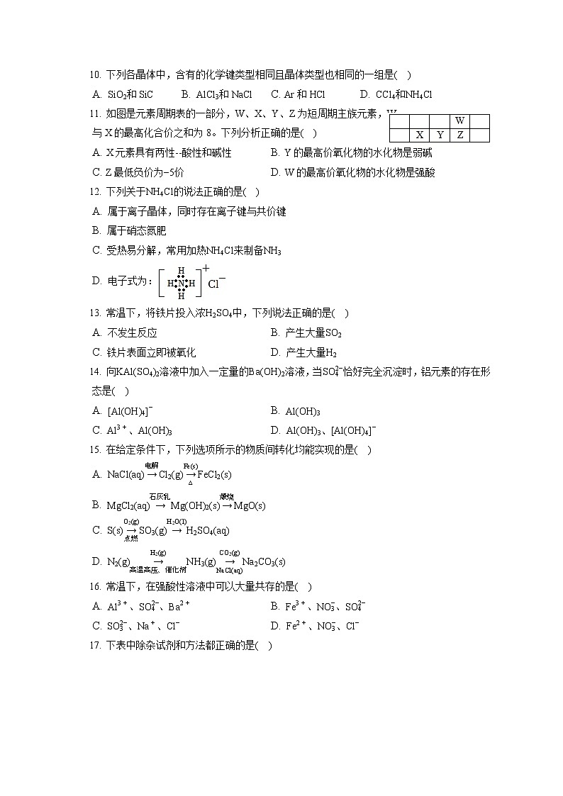2021-2022学年上海市晋元高中高一（下）期末化学试卷（含答案解析）02
