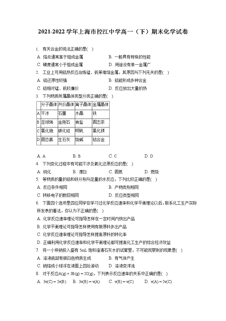 2021-2022学年上海市控江中学高一（下）期末化学试卷（含答案解析）第1页