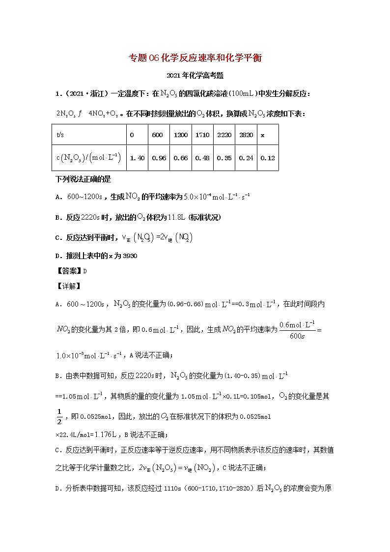 高考化学真题和模拟题分类汇编专题06化学反应速率和化学平衡（2份打包，含解析+原卷版，可预览）01