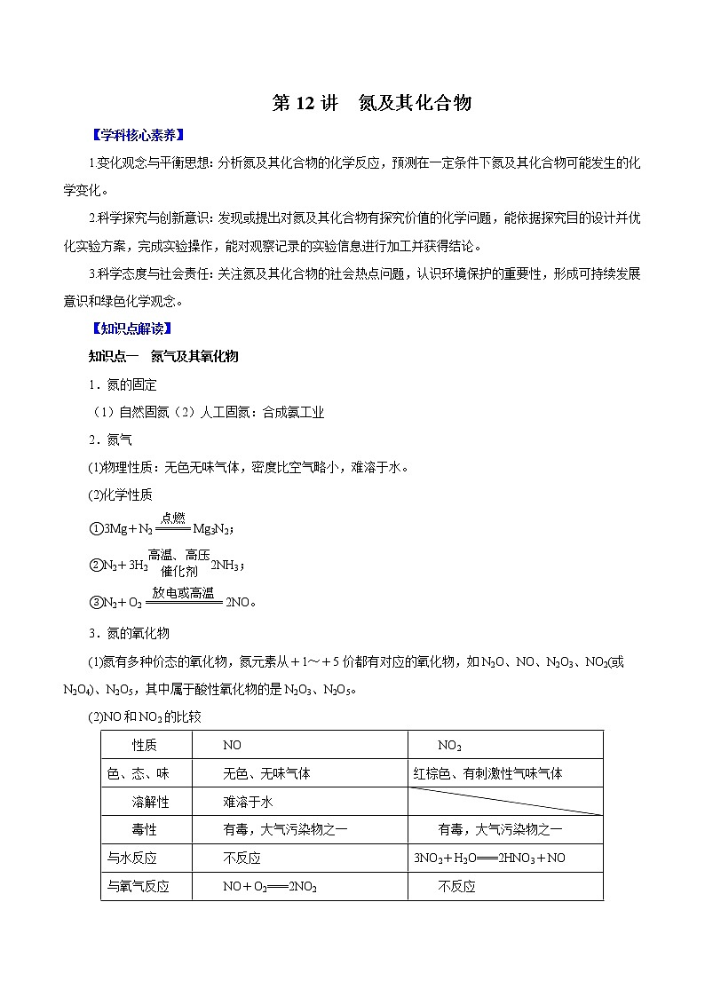 (新高考)高考化学一轮复习讲测练第12讲氮及其化合物（讲）(2份打包，解析版+原卷版，可预览)01