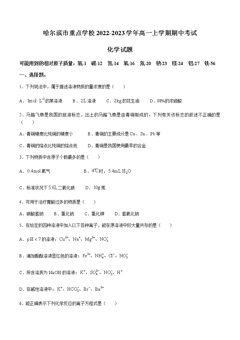 黑龙江省哈尔滨市重点学校2022-2023学年高一上学期期中考试化学试题（Word版含答案）第1页