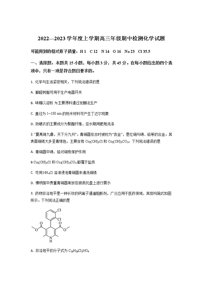 湖北省武汉市华中名校2022-2023学年高三上学期期中考试化学试题（解析版）01