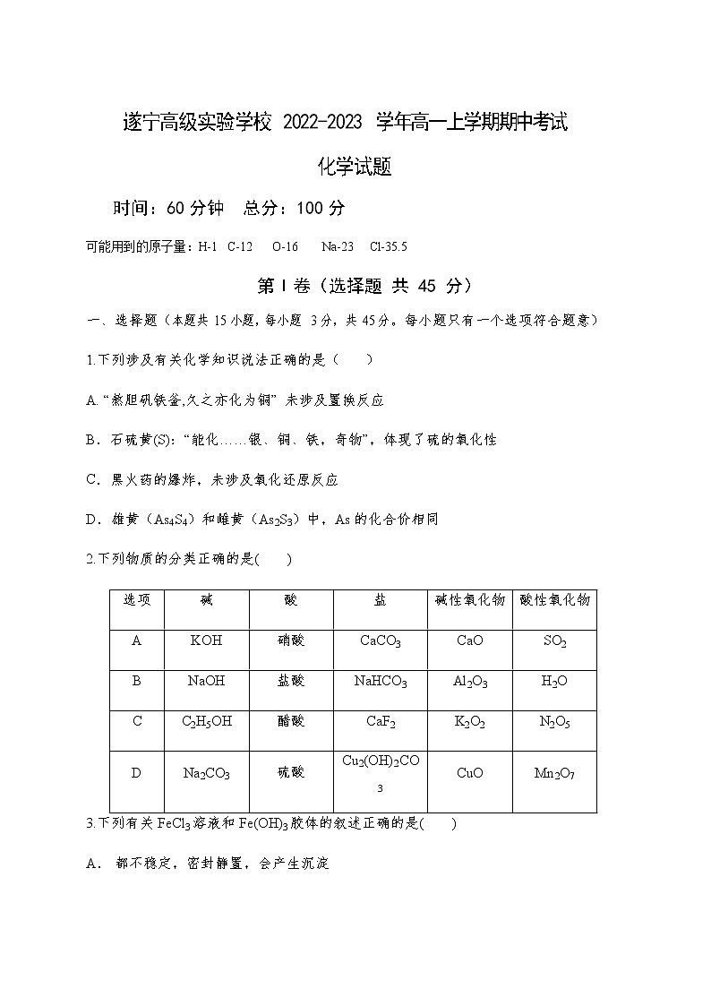四川省遂宁高级实验学校2022-2023学年高一上学期期中考试化学试题（Word版含答案）01