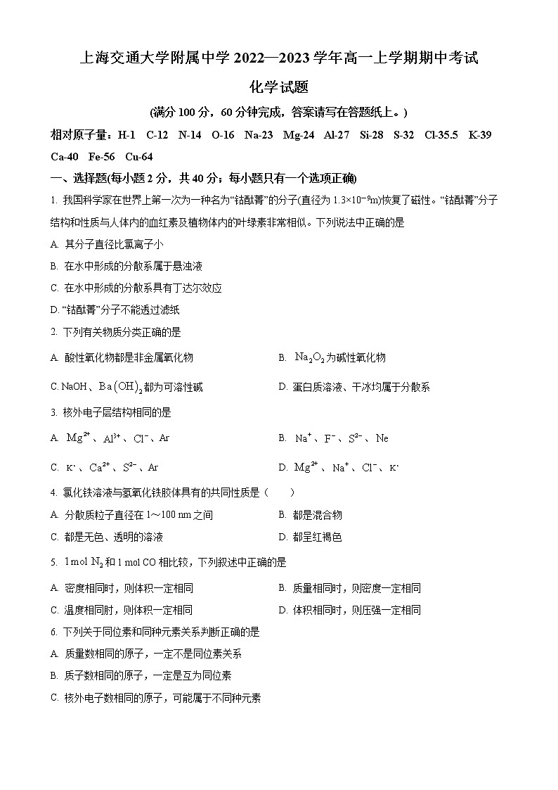 2023上海交通大学附中高一上学期期中考试化学含答案01
