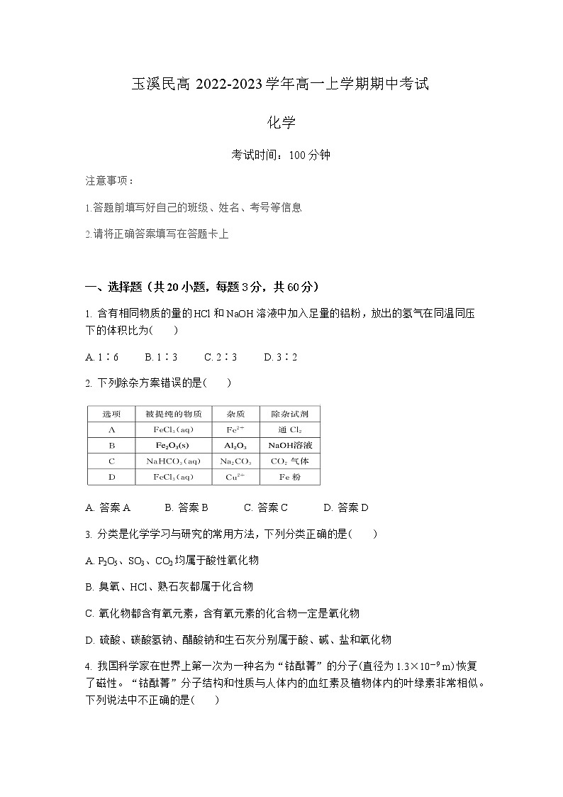 云南省玉溪市玉溪民高2022-2023学年高一上学期期中考试化学试卷（Word版含答案）第1页