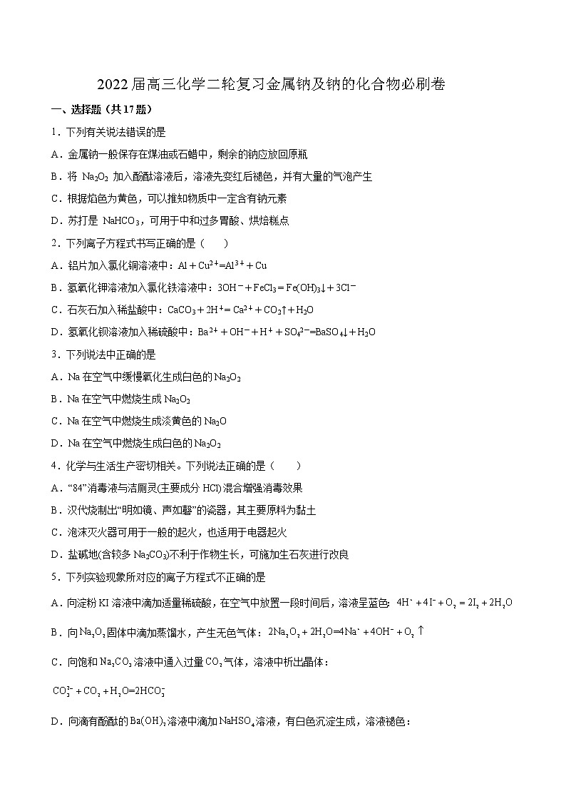2022届高考化学二轮复习金属钠及钠的化合物必刷卷（含解析）01