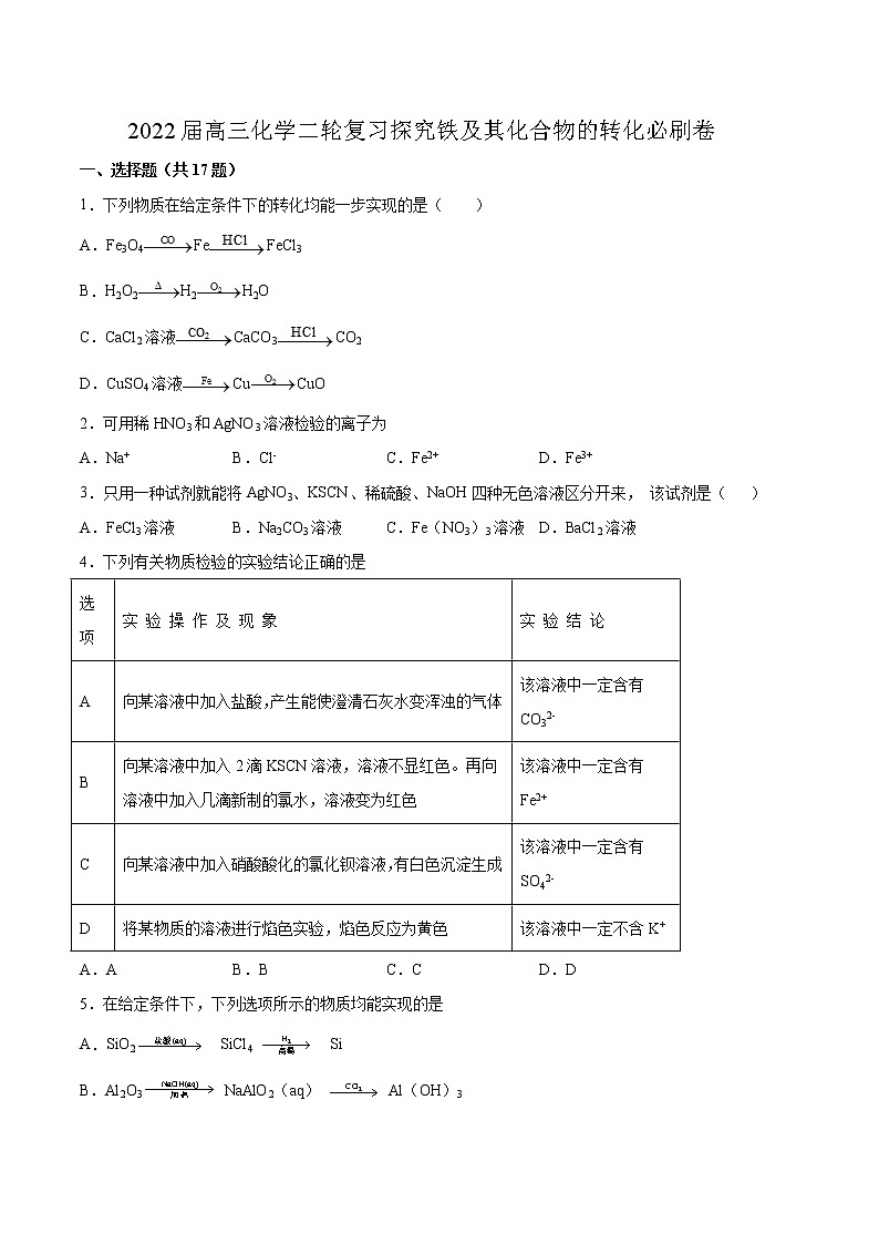 2022届高考化学二轮复习探究铁及其化合物的转化专题练习（含解析）01