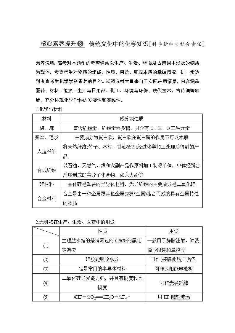 2022年高考化学二轮复习核心素养提升3 传统文化中的化学知识 (含解析) 试卷01