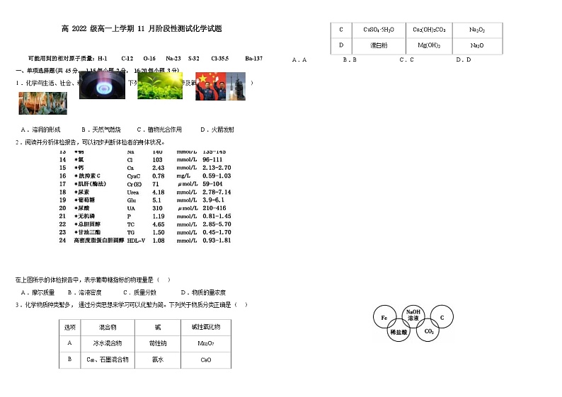 四川省成都市青羊区2022-2023学年高一上学期11月阶段性测试化学试题（Word版含答案）第1页