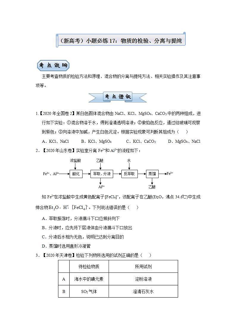 (新高考)高考化学二轮复习小题必练17物质的检验、分离与提纯(原卷版)第1页