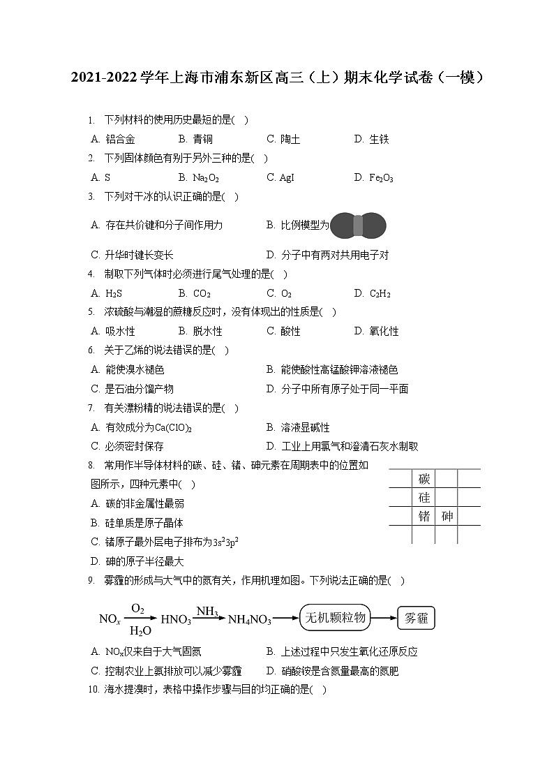 2021-2022学年上海市浦东新区高三（上）期末化学试卷（一模）（ 含答案解析）第1页