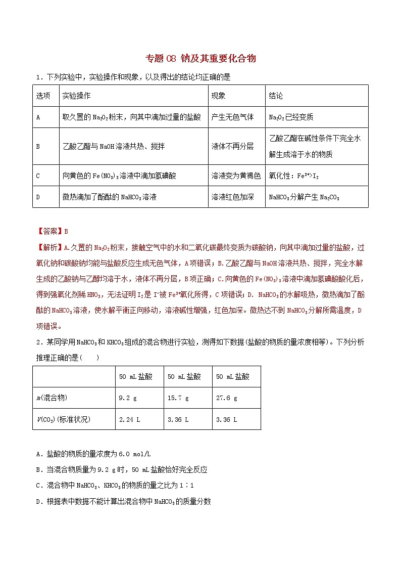 (通用版)高考化学一轮复习一遍过专题08钠及其重要化合物(含解析)第1页
