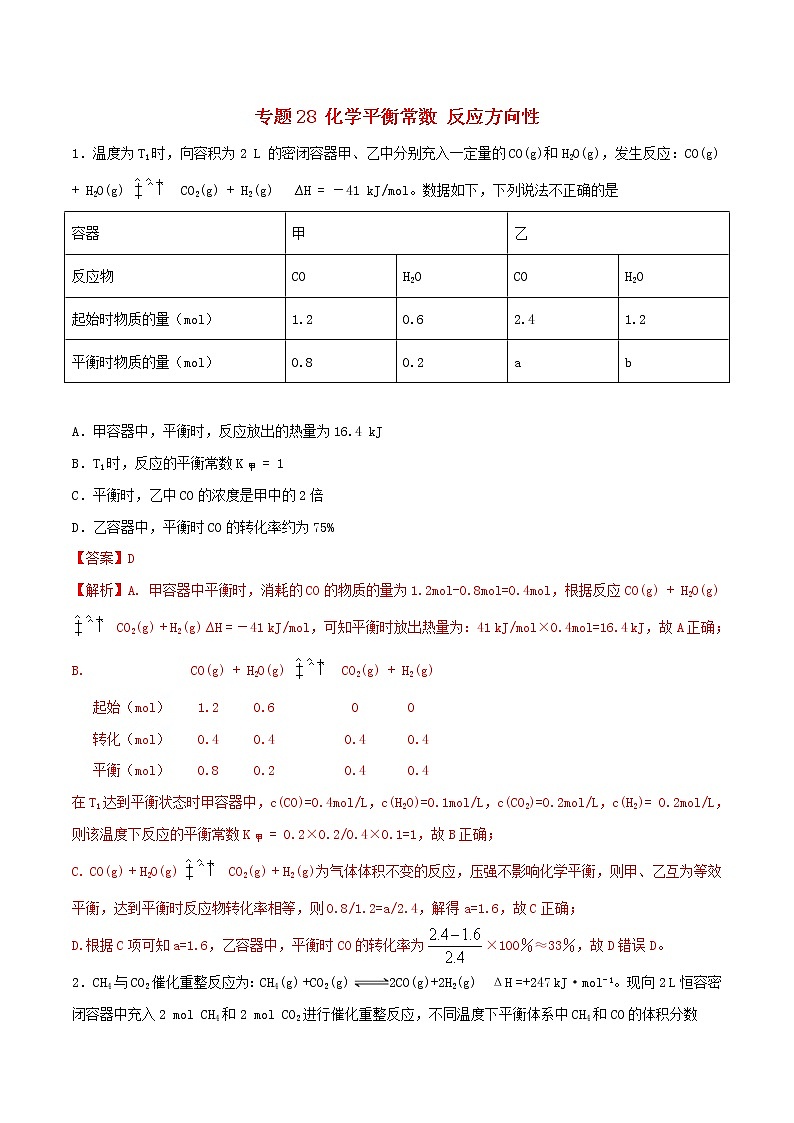 (通用版)高考化学一轮复习一遍过专题28化学平衡常数反应方向性(含解析)01