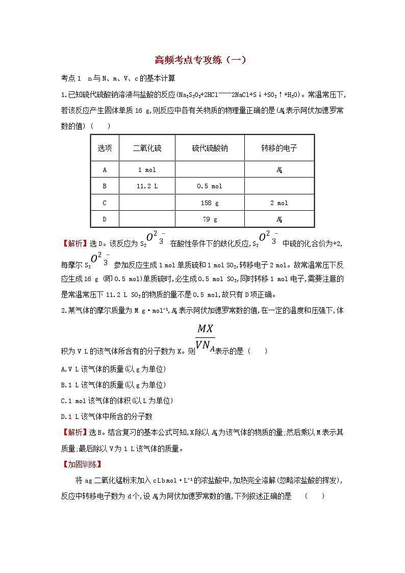 2022年高考化学二轮复习高频考点专攻练一(含解析)第1页