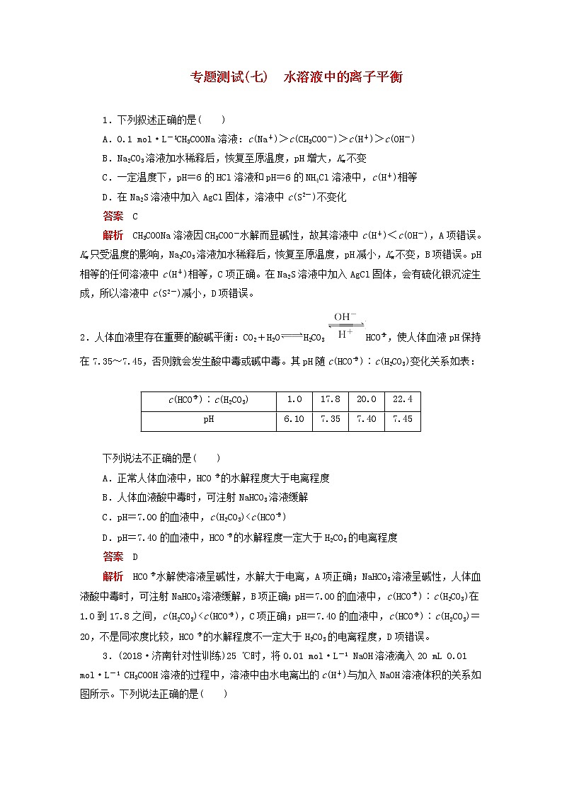 (通用版)高考化学二轮复习专题测试七水溶液中的离子平衡(含解析)第1页
