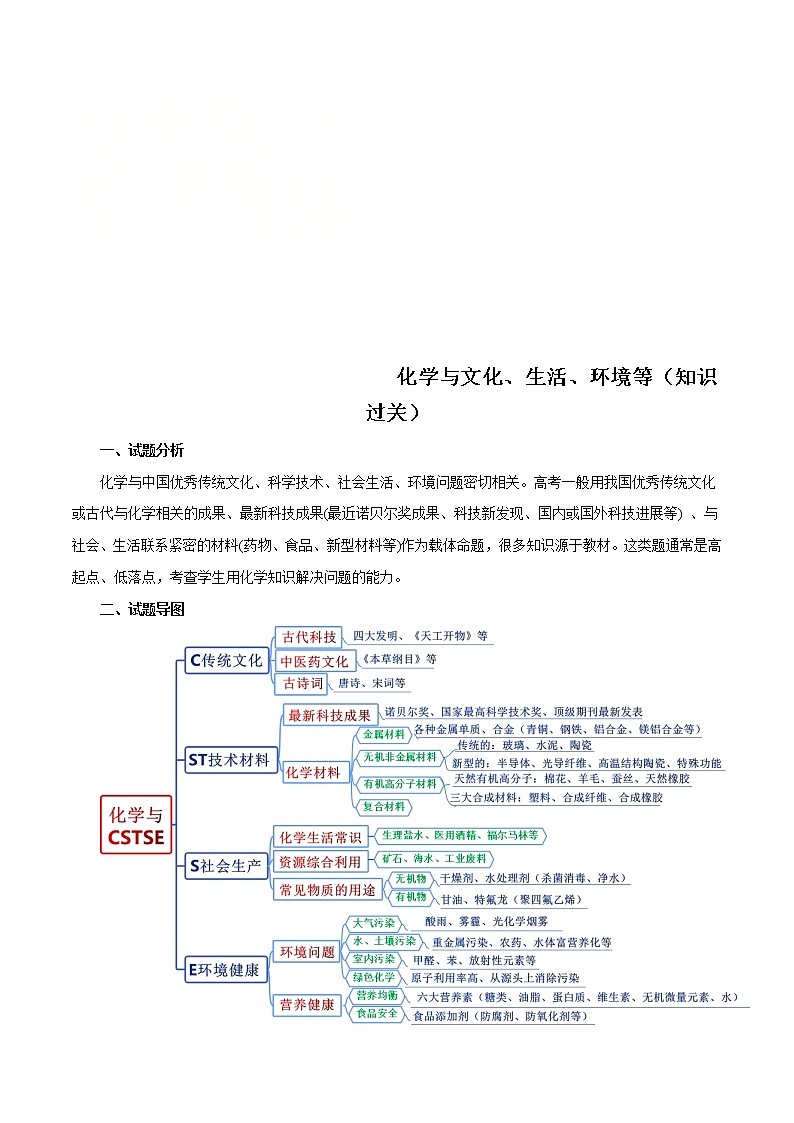 高考化学二轮复习突破题专题01化学与文化、生活、环境等（知识过关）（原卷版）第1页