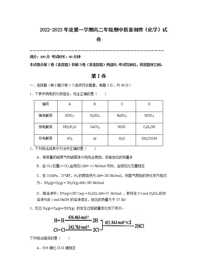 2022-2023学年天津市实验中学滨海学校高二上学期期中质量调查化学试题含答案01
