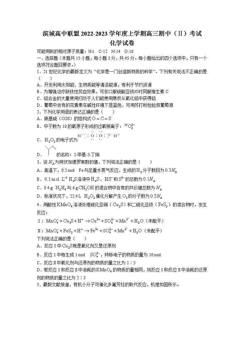 辽宁省大连市滨城联盟2022-2023学年高三化学上学期期中（‖）试卷（Word版附解析）第1页