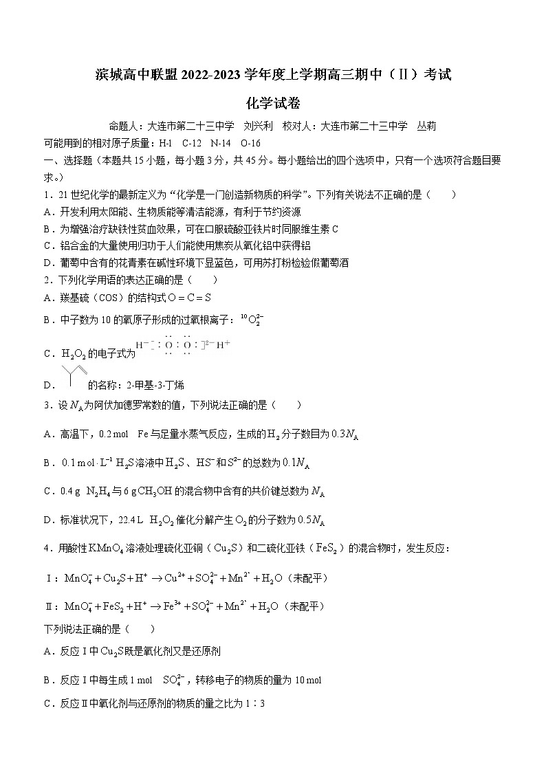 2023大连滨城联盟高三上学期期中（‖）考试化学含解析01