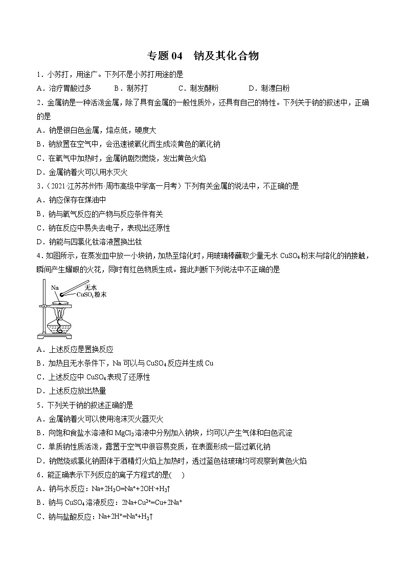 【期末综合复习】人教版(2019)化学必修第一册 高一上学期期末-专题04 钠及其化合物（专题过关）（原卷版）第1页