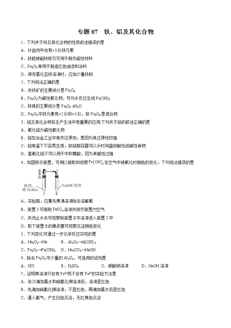 【期末综合复习】人教版(2019)化学必修第一册 高一上学期期末-专题07 铁、铝及其化合物（专题过关）01